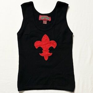 Vintage AMAL GUESSOUS Black Cashmere Tank w/Red Fleur-de-Lis - RARE FIND! - L